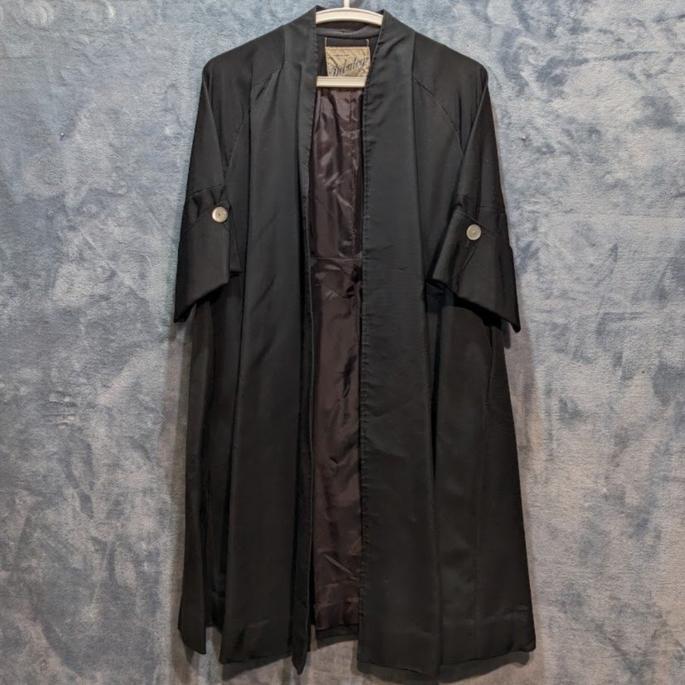 Vtg Debutogs New York Black Faille Open Front Duster Coat Opera Cloak Lined
